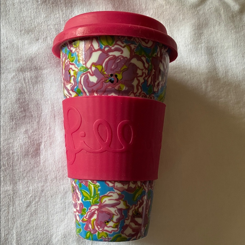 Lilly Pulitzer “Beach Rose” Pink and Blue Floral Ceramic Travel Mug